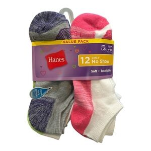 Hanes Girls’ No Show Socks – 12 Pairs, Size 4-10 (L), Multi-Color, NWT